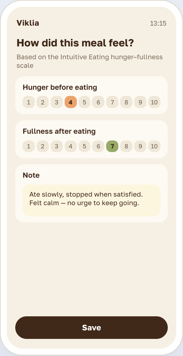 Viklia mockup: hunger before and satiety after a meal on a 1 to 10 scale